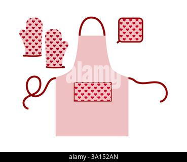 Ensemble de tabliers, gants de four et potholder rose dessin animé motif coeur accessoire de mode vêtement illustration technique. Vecteur pour les hommes, modèle plat de style féminin CAD sur fond blanc Illustration de Vecteur