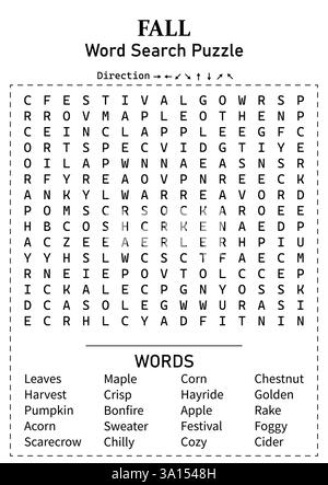 Automne ou automne saison recherche de mot 15x15 jeu de puzzle pour enfants, adolescents et adultes - page d'activité amusante et éducative avec des mots cachés pour tous les âges Illustration de Vecteur