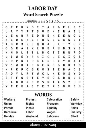 Défi Labor Day Word Search Puzzle pour les enfants, les adolescents et les adultes activité amusante et engageante pour tous les âges parfait pour les vacances d'été, réunion de famille Illustration de Vecteur