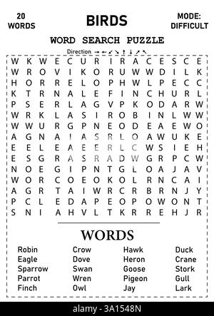 Défi 15x15 mot recherche Puzzle sur les oiseaux pour tous les âges activité amusante et éducative pour les enfants, les adolescents et les adultes Illustration de Vecteur