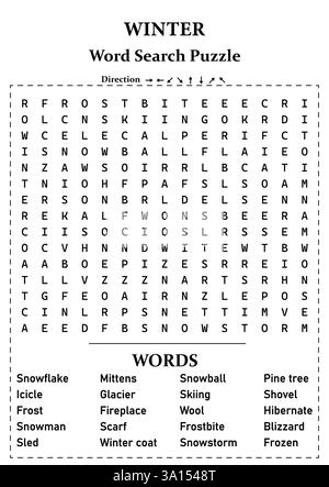 Difficile saison hiver recherche mot 15x15 Puzzle Météo défi recherche mot Puzzle pour les enfants, pour les enfants, les adolescents et les adultes - amusant et éducatif Illustration de Vecteur