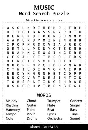 Jeu de puzzle 15x15 de recherche de mots musicaux pour enfants, adolescents et adultes - page d'activité amusante et éducative avec des mots cachés pour tous les âges Illustration de Vecteur