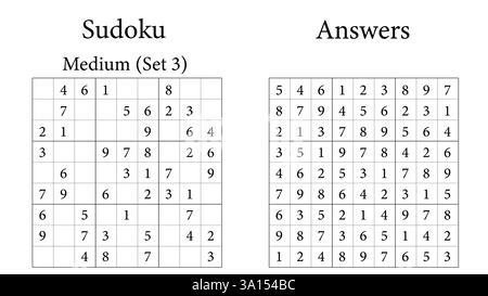 Sudoku Puzzle 9x9 Set 3 Medium avec des réponses, jeu amusant d'entraînement cérébral pour les enfants, les adolescents et les adultes, vecteur Illustration de Vecteur