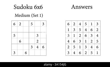 Sudoku Puzzle 6x6 Medium Set 1 avec des réponses, jeu d'entraînement cérébral amusant pour les enfants, les adolescents et les adultes, vecteur Illustration de Vecteur