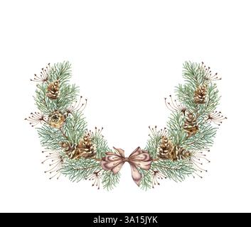 Branches de sapin, avec un arc brun, des pommes de pin et de l'herbe. Illustration aquarelle de couronne de Noël et du nouvel an. Cadre rond, frontière avec les plantes d'hiver est Banque D'Images