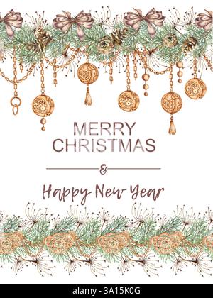 Branches de sapin, herbe, cônes, boules, chaînes et arcs pour le nouvel an et l'illustration aquarelle de Noël sont dessinés à la main. Plantes forestières pour la déco d'hiver Banque D'Images