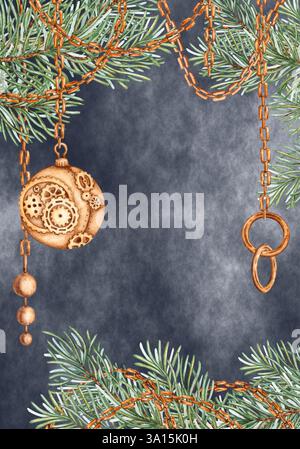 Branches de sapin, chaînes, pendentifs, bannière de Noël boule sur une illustration aquarelle de fond bleu. Cadre vertical, frontière, frontière avec des plantes d'hiver. Banque D'Images