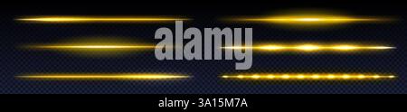 Collection de faisceau laser néon dans des couleurs jaunes dorées sur fond transparent. Divers effets de lumière horizontaux avec différentes intensités et motifs de lueur. Rayons lumineux brillants pour la conception de jeux. Illustration de Vecteur