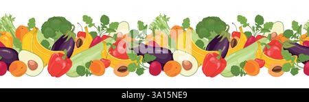 Bordure sans couture de fruits et légumes naturels. Produits agricoles vectoriels sur fond blanc. Radis, brocoli, courgettes, aubergines, bananes, cerise, abricot, avocat, céleri, poivron dans le style bande dessinée Illustration de Vecteur