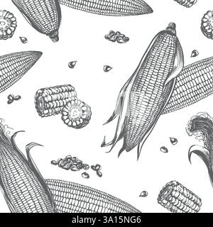 Modèle sans couture de vecteur de maïs. Fond avec croquis linéaire d'épis de maïs entiers avec des feuilles, des morceaux de maïs et des grains. Vieux dessin dans le style de gravure rétro. Croquis à l'encre réaliste dessiné à la main. Illustration de Vecteur