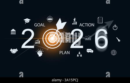 Résolutions du nouvel an 2026 : une illustration de '2026' avec 'objectif', 'Plan' et 'action', et des icônes représentant la détermination, des objectifs clairs et une stratégie Banque D'Images