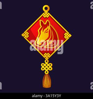 Amulette chinoise avec noeud et symbole nouvel an chinois du cheval, porte-bonheur. Cheval d'or avec noeud en chinois. Symbole du zodiaque 2026 nouvel an Illustration de Vecteur