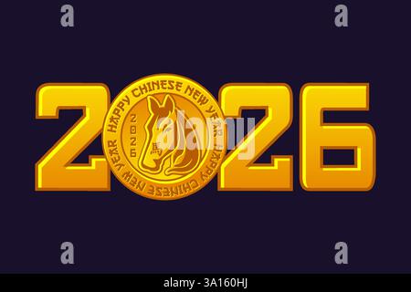 Typographie Golden 2026 avec talisman ou pièce de monnaie de cheval. Bonne année chinoise. Élément de conception pour votre impression, carte de voeux, invitation, autocollant ou Illustration de Vecteur
