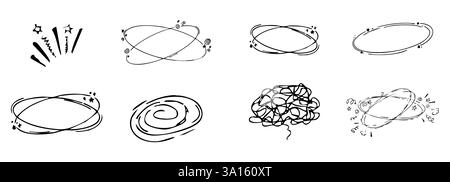 Effet vertigineux, maux de tête, dessin malade doodle ensemble comique. visages vertigineux, étoiles au-dessus des émotions animées, collection de lignes dessinées à la main folle. Illustration vectorielle Illustration de Vecteur