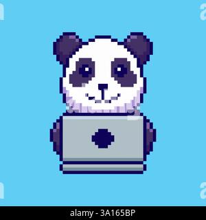 Pixel art Panda travaillant sur la conception des actifs de jeu d'ordinateur portable Illustration de Vecteur