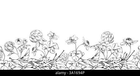 Framboise cloudberry avec des feuilles d'automne, fleurs blanches à l'encre vectorielle dessinée à la main, baie de forêt mûre de ligne sur les tiges. Illustration de guirlande de bannière sans couture Illustration de Vecteur
