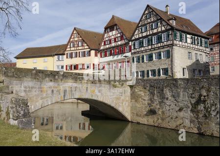 Vue de Grasboedele aux maisons à colombages, maison à colombages, à colombages, médiévale, vieille ville, vallée de Kocher, Kocher, Schwaebisch Hall, Hohenl Banque D'Images