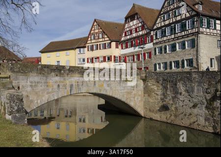 Vue de Grasboedele aux maisons à colombages, maison à colombages, à colombages, médiévale, vieille ville, vallée de Kocher, Kocher, Schwaebisch Hall, Hohenl Banque D'Images