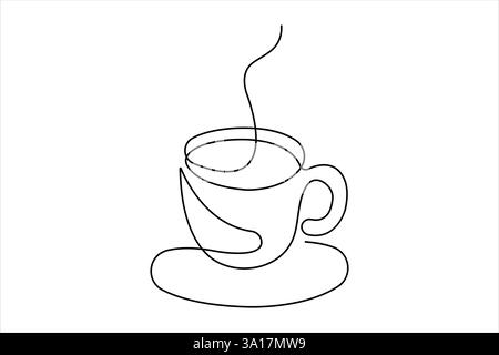 Tasse de café chaude dessin continu d'art à une ligne de l'illustration vectorielle de contour de conception de café de matin de la vapeur de petit déjeuner Illustration de Vecteur