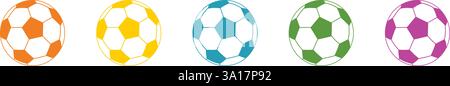 Icônes de plusieurs ballons européens de football ou de football de différentes couleurs : orange, jaune, vert, bleu et rose Illustration de Vecteur