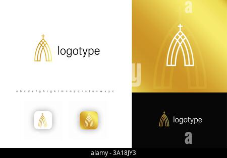 Logo d'église doré minimaliste avec arches élégantes croisées. Symbolise la foi, la spiritualité, le patrimoine. Idéal pour les organisations religieuses, chrétiennes Illustration de Vecteur
