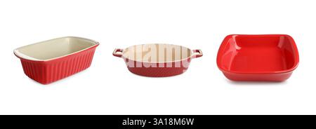 Différentes casseroles sur fond blanc, ensemble. Plat de cuisson Banque D'Images