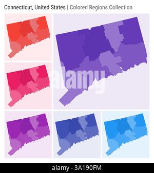 Connecticut, États-Unis. Collection de cartes. Forme d'état. Comtés colorés. Violet foncé, rouge, rose, violet, indigo, palettes de couleurs bleues. Illustration de Vecteur