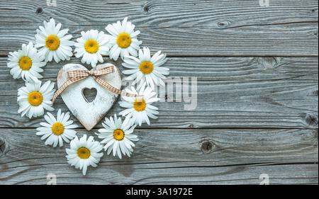 Fleurs de Marguerite en forme de coeur sur une vieille planche de bois Banque D'Images