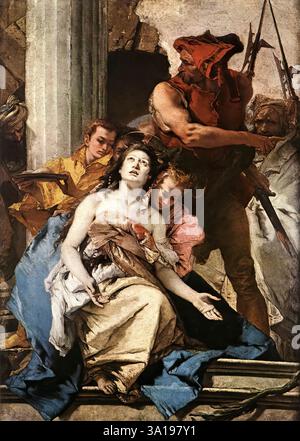 TIEPOLO, Giovanni Battista (né en 1696, Venezia, décédé en 1770, Madrid) le martyre de Sainte-Agatha c. 1756 huile sur toile, 184 x 131 cm Staatliche Museen, Berlin ce tableau a été peint c. 1756 pour le maître-autel de l'église de S. Agata à Lendinara. Il doit avoir été arrondi en haut, car il apparaît sous cette forme dans une gravure du fils de Tiepolo, Giovanni Domenico. La partie qui manque présentait un cœur entouré de la couronne d'épines dans un nimbus, que le saint regardait. La belle Agatha était un chrétien pieux qui vivait à Catane. Elle refusa résolument de se maquer Banque D'Images