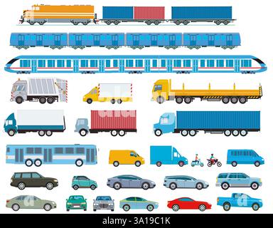 collection de camions et voitures, trains, bus et camionnettes de livraison, isolé, illustration Banque D'Images