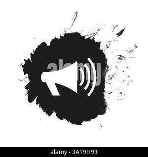 Icône MegaFon sur patch isolé en noir avec des éclaboussures de peinture Banque D'Images