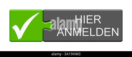 Bouton puzzle isolé composé de deux parties avec le symbole de coche affiche connexion ici Banque D'Images