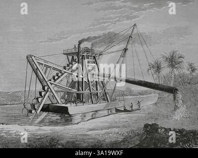 Colón (anciennement Aspinwall, États-Unis de Colombie), Panama. Drague “Hercules”, utilisée dans les travaux pour l’ouverture du canal de Panama. Fabriqué à Philadelphie (États-Unis), il a été transporté sur le site des travaux fin mars 1883. Gravure de Tomás Carlos Capuz (1834-1899). La Ilustración Española y Americana (illustration espagnole et américaine), 1883. Banque D'Images