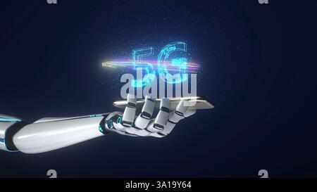 Main de robot humanoïde avec un smartphone et un texte 5G. 3d illustration. Banque D'Images