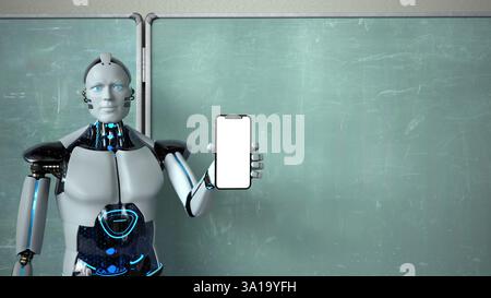 Robot humanoïde dans la salle de classe avec un smartphone et un tableau vert. illustration 3d. Banque D'Images