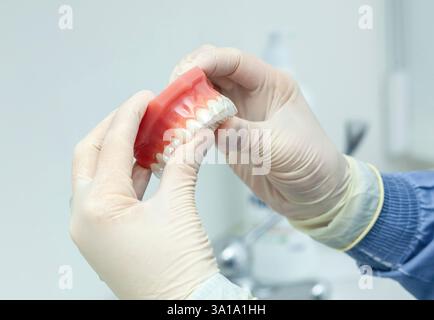 Dentiste portant des gants place soigneusement des appareils dentaires invisibles sur un modèle de dents détaillé dans un cadre de clinique dentaire moderne Banque D'Images