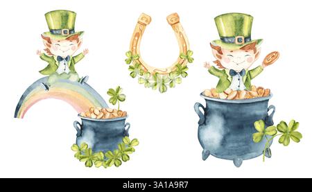 Ensemble de compositions de la journée St Patricks. Mignon personnage de dessin animé Leprechaun avec son Trésor, glissant sur Rainbow, Golden Horseshoe décoré de trèfle Banque D'Images