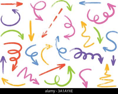 Collection colorée de flèches de crayon avec des pointeurs directionnels sur fond blanc. Illustration de Vecteur
