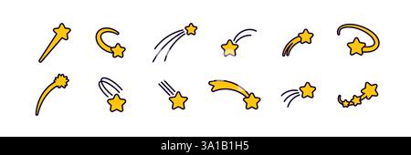 Diverses étoiles filantes jaunes dessinées à la main avec un contour noir dans le style vectoriel Illustration de Vecteur