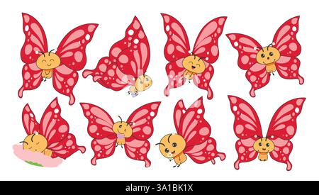 Jeu de dessin clipart papillon rouge. Mignon 2d Butterflies icône clip art dans heureux, drôle, profiter, voler et dormir beau croquis de collection d'insectes Illustration de Vecteur