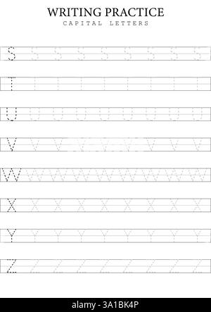 Majuscules Tracing 3 S à Z modèle pour les enfants, feuille de pratique d'écriture d'alphabet vectoriel simple Illustration de Vecteur