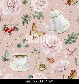 Service à thé, rose sauvage fleurs roses et baies rouges avec papillons bruns. Aquarelle peint à la main motif floral sans couture sur fond rose pâle fo Banque D'Images