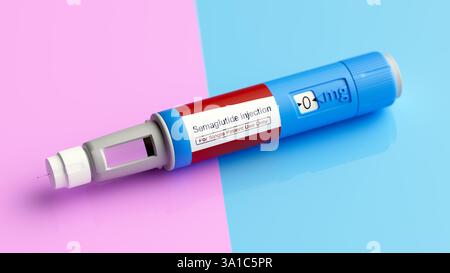 Illustration d'un stylo prérempli de semaglutide médicament contre le diabète. Commercialisé sous le nom d'Ozempic, le semaglutide est un analogue du peptide-1 de type glucagon (GLP-1) qui est utilisé pour traiter le diabète et pour la gestion du poids. Il augmente la production d'insuline, l'hormone qui abaisse le taux de sucre dans le sang, tout en supprimant la sécrétion de glucagon, l'hormone qui augmente le taux de sucre dans le sang. Il réduit également la faim et ralentit la vidange gastrique. Il est administré par injection dans la cuisse, l'abdomen ou le haut du bras. Banque D'Images