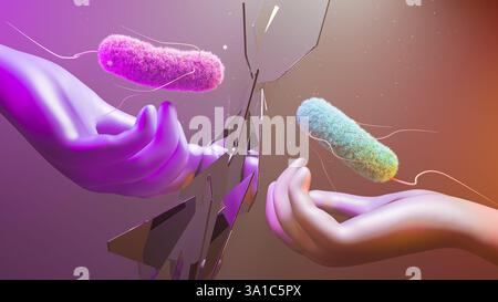 Mirror Life, illustration conceptuelle. Beaucoup de biomolécules sont chirales, c'est-à-dire qu'elles peuvent exister sous deux formes miroirs analogues à des versions droitières et gauches. Une seule des formes se retrouvera dans la nature. Par exemple, l'ADN est droitier et les protéines gaucher. Il doit être possible de réaliser des cellules, dites cellules miroirs, entièrement à partir de molécules d'image miroir. Cependant, cela a été mis en garde contre, car les systèmes immunitaires, les médicaments et les antimicrobiens ne fonctionneraient pas contre les cellules miroirs et ils pourraient se propager sans contrôle. Banque D'Images