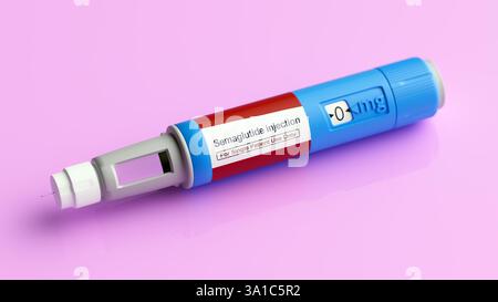 Illustration d'un stylo prérempli de semaglutide médicament contre le diabète. Commercialisé sous le nom d'Ozempic, le semaglutide est un analogue du peptide-1 de type glucagon (GLP-1) qui est utilisé pour traiter le diabète et pour la gestion du poids. Il augmente la production d'insuline, l'hormone qui abaisse le taux de sucre dans le sang, tout en supprimant la sécrétion de glucagon, l'hormone qui augmente le taux de sucre dans le sang. Il réduit également la faim et ralentit la vidange gastrique. Il est administré par injection dans la cuisse, l'abdomen ou le haut du bras. Banque D'Images