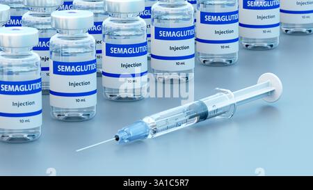 Illustration de flacons de semaglutide médicament contre le diabète et d'une seringue. Commercialisé sous le nom d'Ozempic, le semaglutide est un analogue du peptide-1 de type glucagon (GLP-1) qui est utilisé pour traiter le diabète et pour la gestion du poids. Il augmente la production d'insuline, l'hormone qui abaisse le taux de sucre dans le sang, tout en supprimant la sécrétion de glucagon, l'hormone qui augmente le taux de sucre dans le sang. Il réduit également la faim et ralentit la vidange gastrique. Il est administré par injection dans la cuisse, l'abdomen ou le haut du bras. Banque D'Images