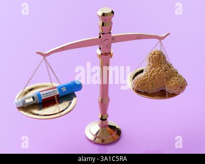 Semaglutide médicament amaigrissant, illustration conceptuelle. Commercialisé sous le nom d'Ozempic, le semaglutide est un analogue du peptide-1 de type glucagon (GLP-1) qui est utilisé pour traiter le diabète et pour la gestion du poids. Il augmente la production d'insuline, l'hormone qui abaisse le taux de sucre dans le sang, tout en supprimant la sécrétion de glucagon, l'hormone qui augmente le taux de sucre dans le sang. Il réduit également la faim et ralentit la vidange gastrique. Banque D'Images