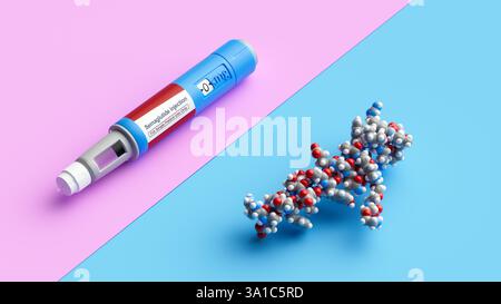 Illustration d'un stylo prérempli de sémaglutide médicament contre le diabète et d'une molécule de sémaglutide. Commercialisé sous le nom d'Ozempic, le semaglutide est un analogue du peptide-1 de type glucagon (GLP-1) qui est utilisé pour traiter le diabète et pour la gestion du poids. Il augmente la production d'insuline, l'hormone qui abaisse le taux de sucre dans le sang, tout en supprimant la sécrétion de glucagon, l'hormone qui augmente le taux de sucre dans le sang. Il réduit également la faim et ralentit la vidange gastrique. Il est administré par injection dans la cuisse, l'abdomen ou le haut du bras. Banque D'Images