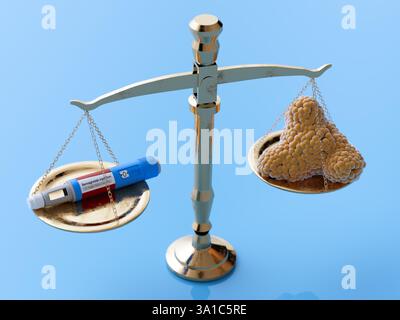 Semaglutide médicament amaigrissant, illustration conceptuelle. Commercialisé sous le nom d'Ozempic, le semaglutide est un analogue du peptide-1 de type glucagon (GLP-1) qui est utilisé pour traiter le diabète et pour la gestion du poids. Il augmente la production d'insuline, l'hormone qui abaisse le taux de sucre dans le sang, tout en supprimant la sécrétion de glucagon, l'hormone qui augmente le taux de sucre dans le sang. Il réduit également la faim et ralentit la vidange gastrique. Banque D'Images