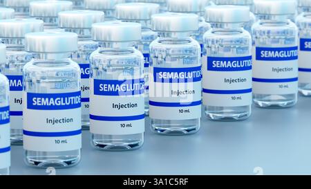 Illustration de flacons de sémaglutide médicament pour le diabète. Commercialisé sous le nom d'Ozempic, le semaglutide est un analogue du peptide-1 de type glucagon (GLP-1) qui est utilisé pour traiter le diabète et pour la gestion du poids. Il augmente la production d'insuline, l'hormone qui abaisse le taux de sucre dans le sang, tout en supprimant la sécrétion de glucagon, l'hormone qui augmente le taux de sucre dans le sang. Il réduit également la faim et ralentit la vidange gastrique. Il est administré par injection dans la cuisse, l'abdomen ou le haut du bras. Banque D'Images